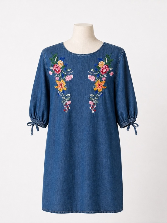 ASOS Dresses & Skirts - ASOS Blue Denim Floral Embroidered Quarter-sleeve Mini Dress Size Small